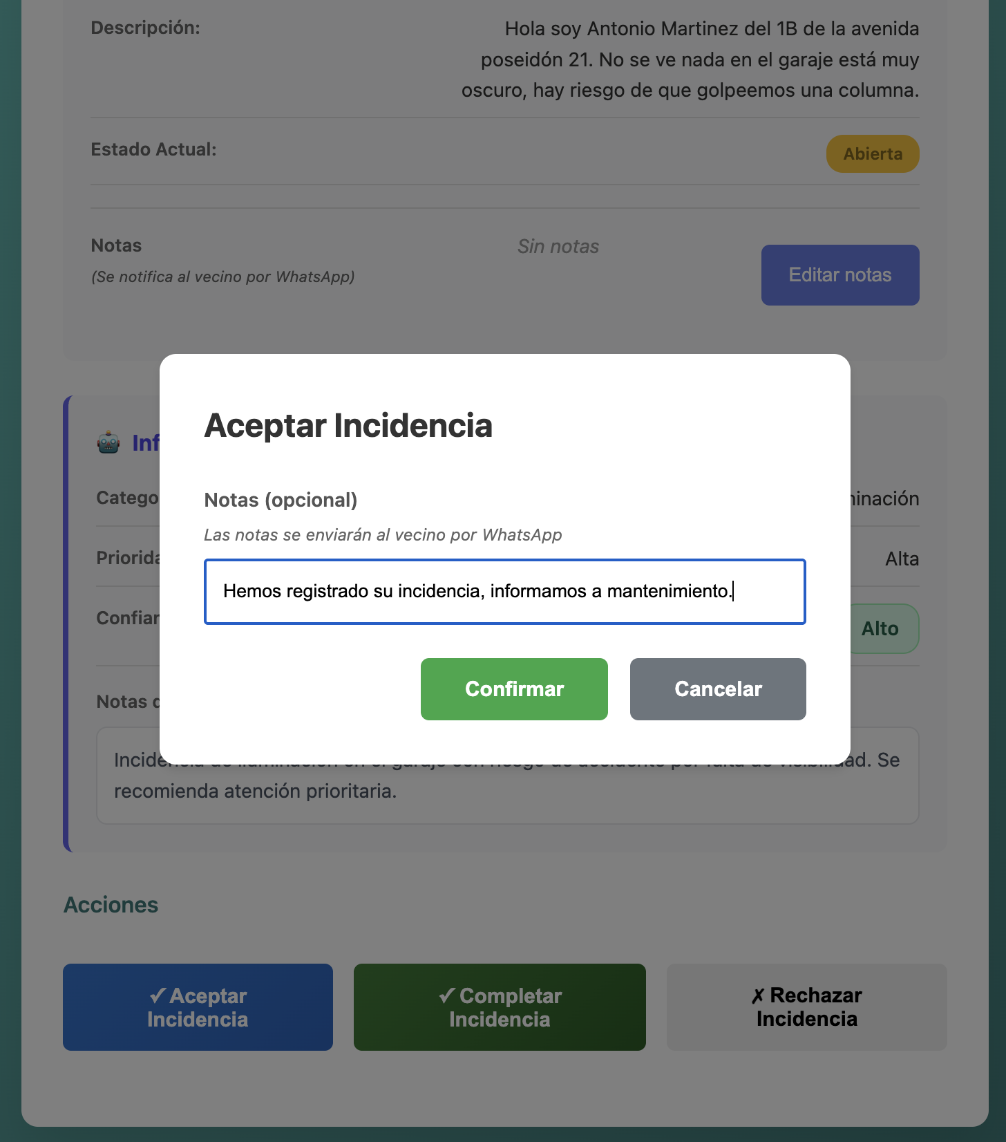 Formulario para aceptar una incidencia