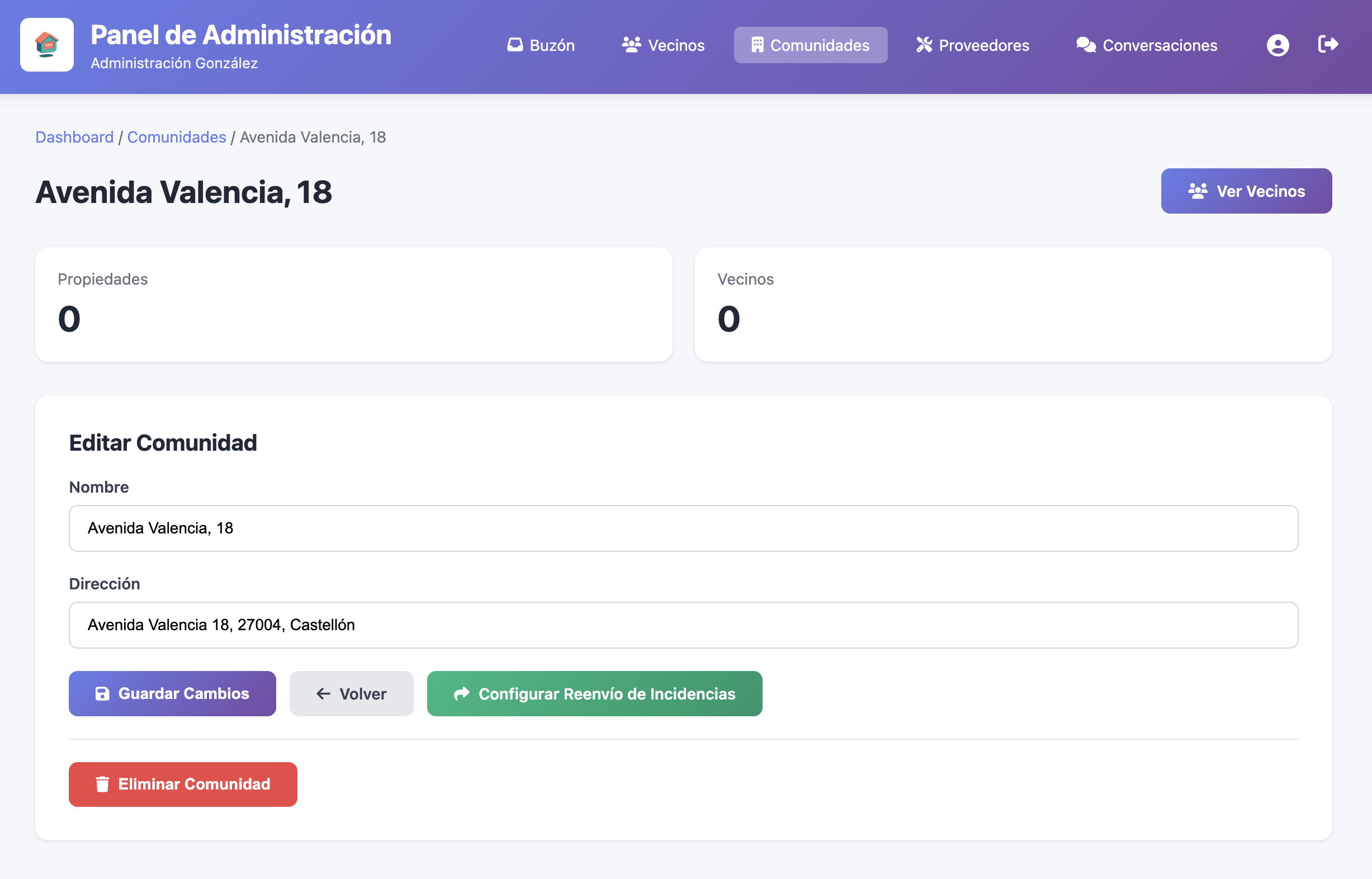 Vista de detalle de una comunidad