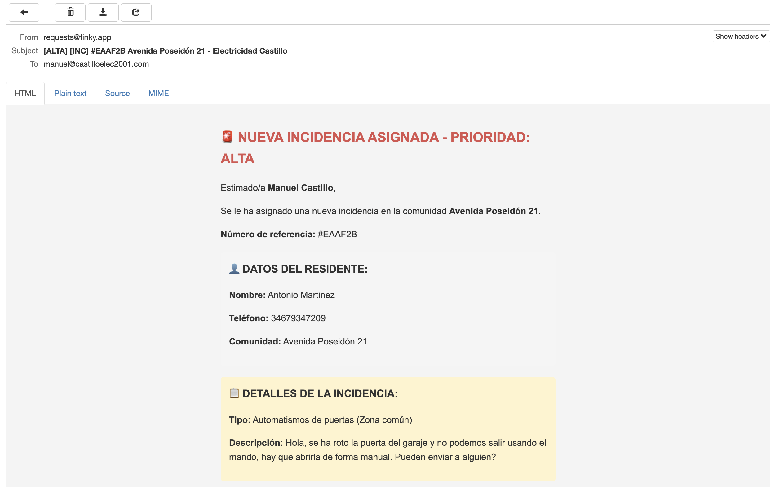 Email recibido por el proveedor con los detalles de la incidencia