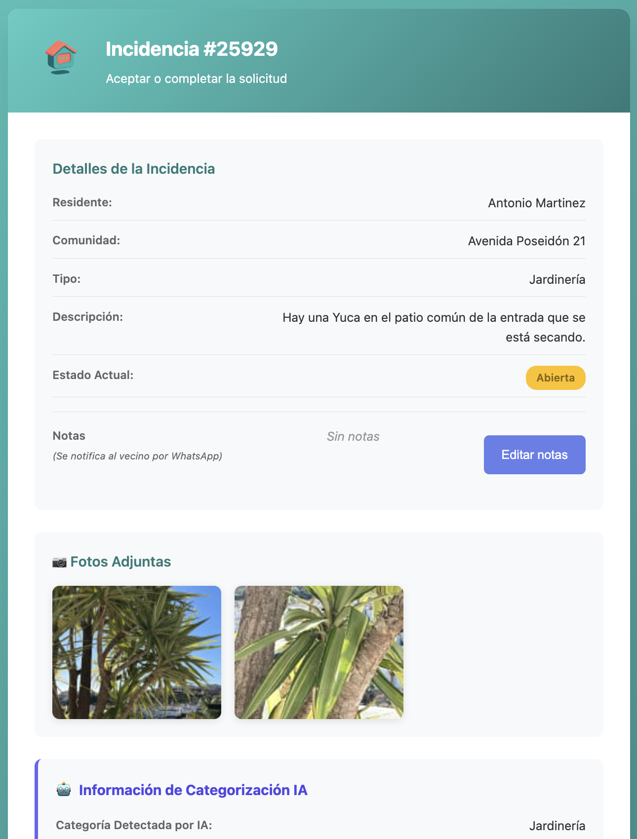 Vista de detalle de incidencia mostrando imágenes adjuntas en miniatura