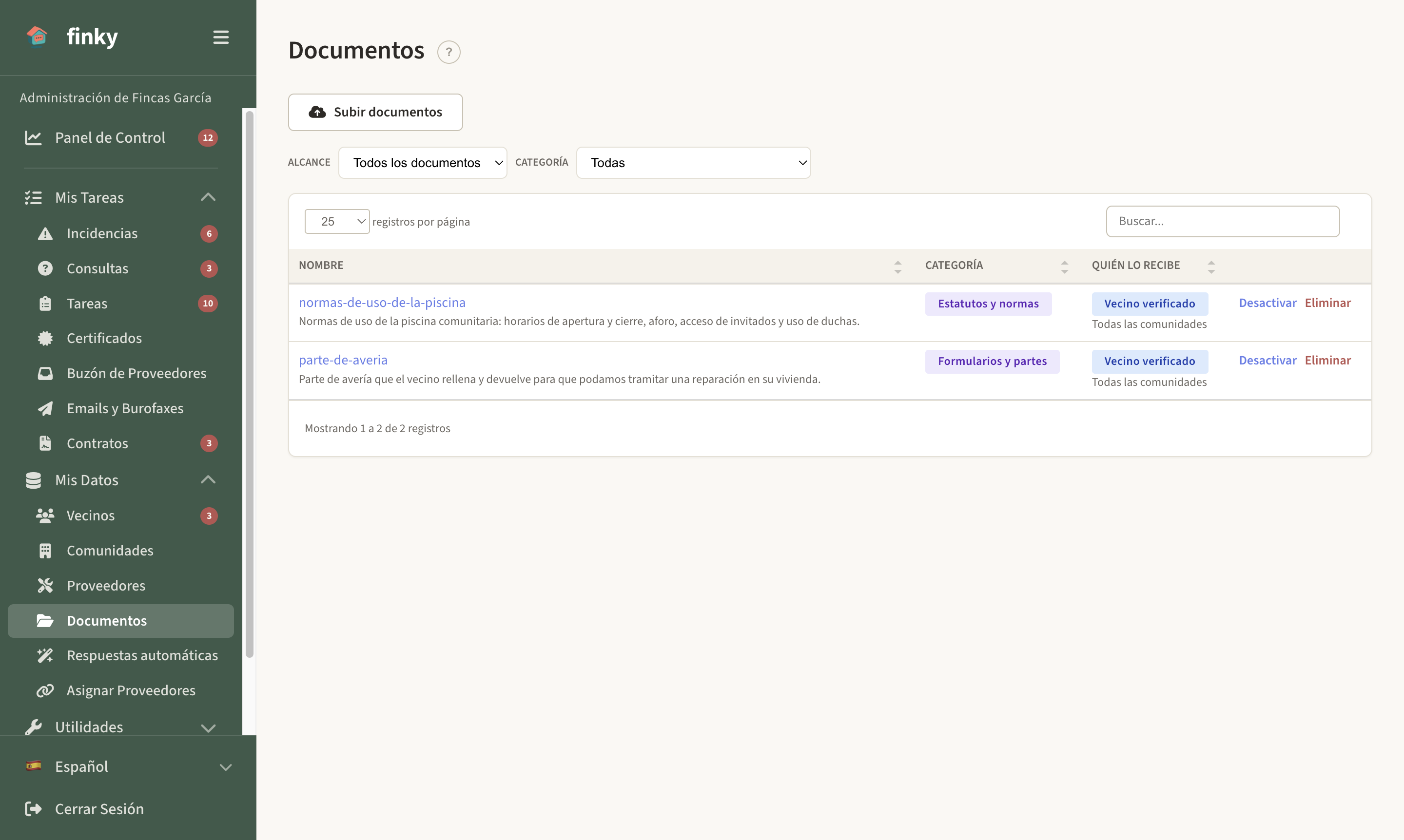 Biblioteca de documentos con dos archivos, su categoría y quién puede recibirlos