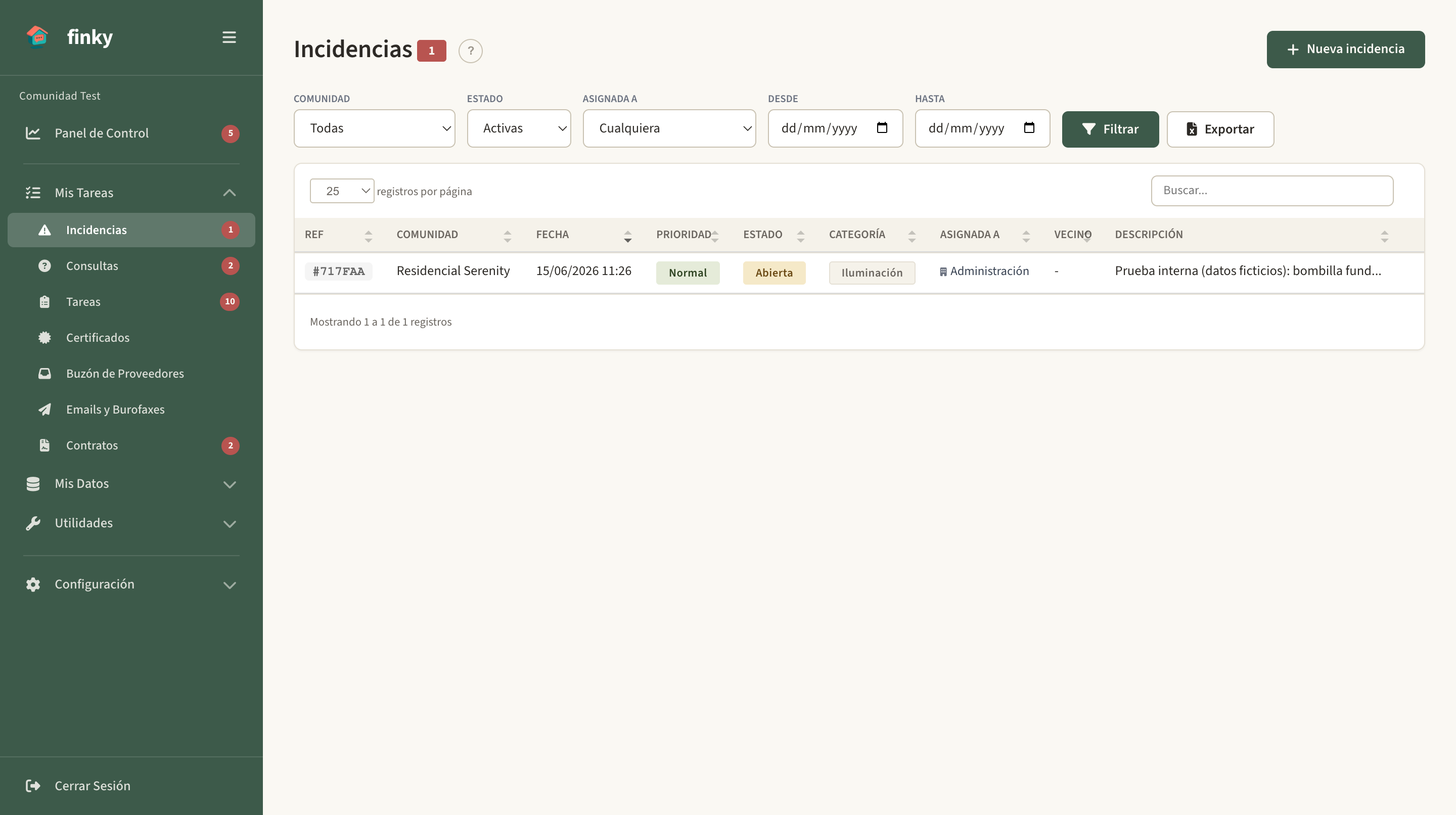 Botón de exportar a Excel en el listado de incidencias