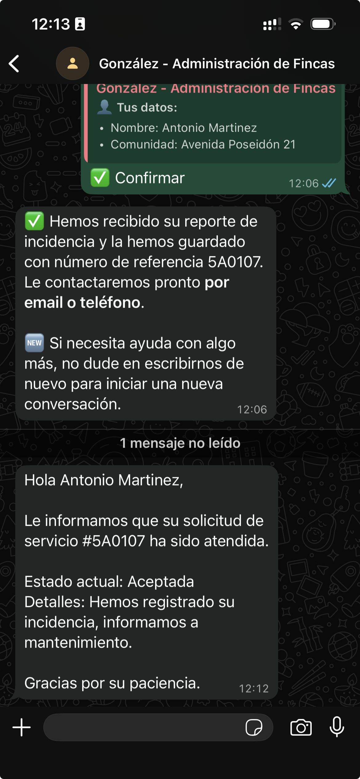 Mensaje de WhatsApp recibido por el usuario con la actualización de estado